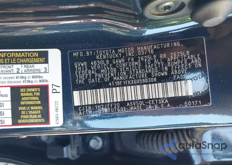 2016 Toyota Camry Se из США, поврежденный, VIN 4T1BF1FKXGU590308